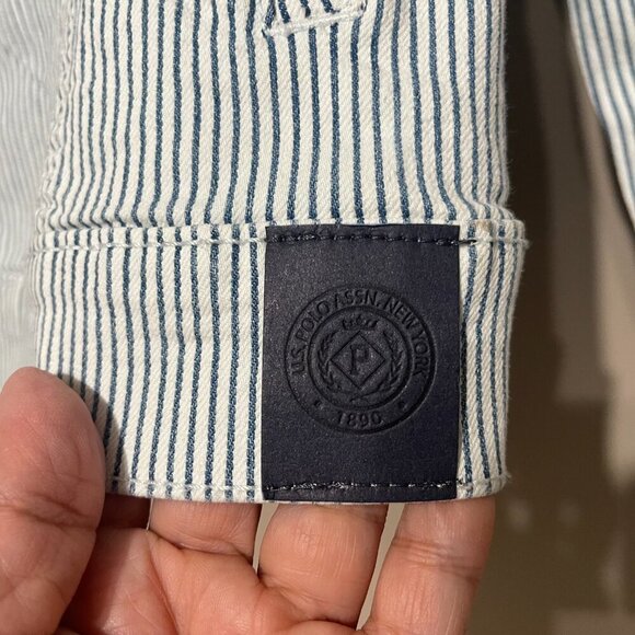 U.S. Polo Association Blue Striped Distressed Denim Jacket, Large, NWT - Picture 2 of 10
